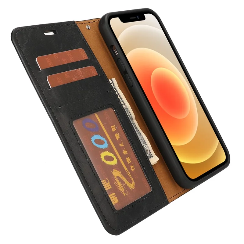 Detachable 2 in 1 Crazy Horse Texture Leather Wallet Stand Phone Protective Cover Case for iPhone 13 6.1 inch - Black