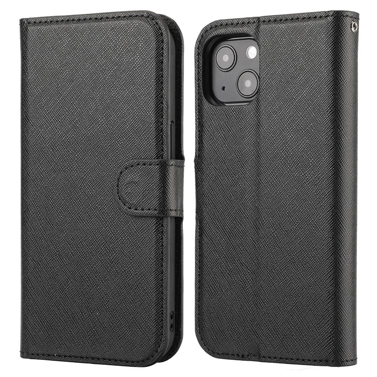 Funda Billetera con Soporte 2 en 1 de Textura Cruzada Desmontable con Carcasa de Teléfono TPU Revestida de Cuero para iPhone 13 de 6.1 pulgadas - Negro