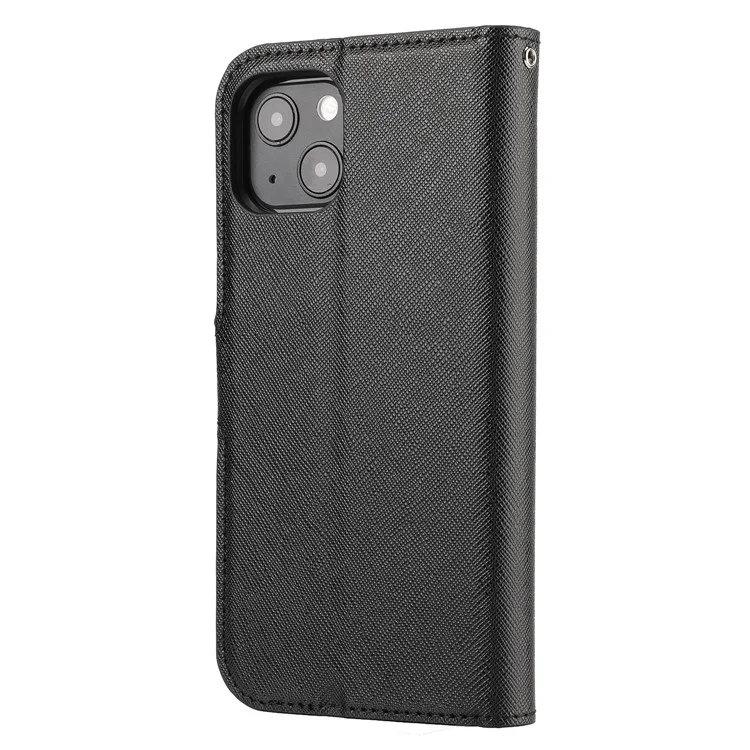 Funda Billetera con Soporte 2 en 1 de Textura Cruzada Desmontable con Carcasa de Teléfono TPU Revestida de Cuero para iPhone 13 de 6.1 pulgadas - Negro
