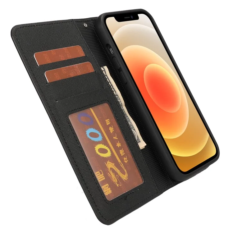 Funda Billetera con Soporte 2 en 1 de Textura Cruzada Desmontable con Carcasa de Teléfono TPU Revestida de Cuero para iPhone 13 de 6.1 pulgadas - Negro