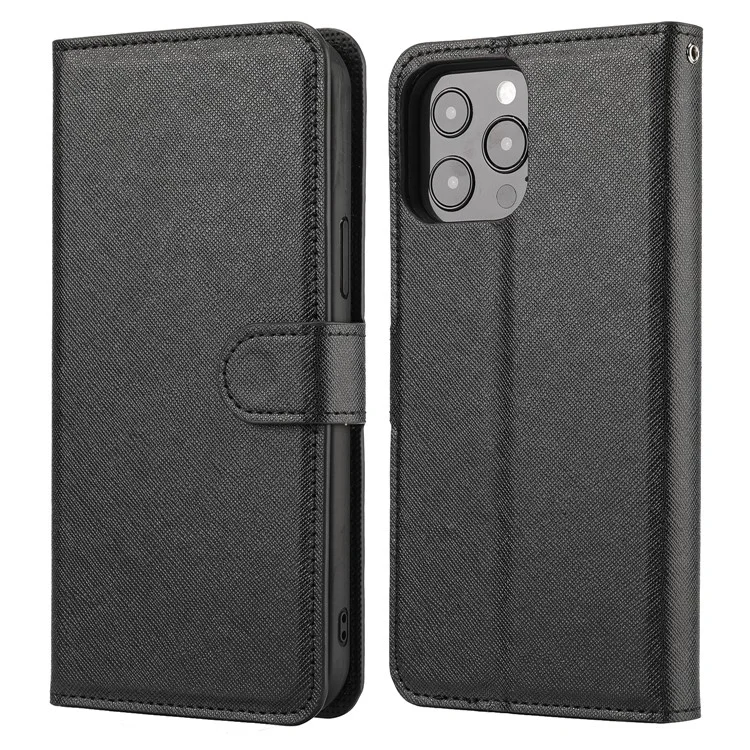 Cross Texture Wallet Stand Design Detachable Leather Phone Case Protector for iPhone 13 Pro 6.1 inch - Black