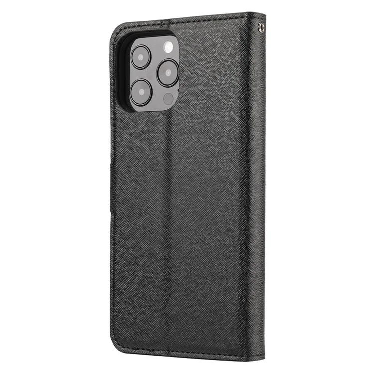 Cross Texture Wallet Stand Design Detachable Leather Phone Case Protector for iPhone 13 Pro 6.1 inch - Black
