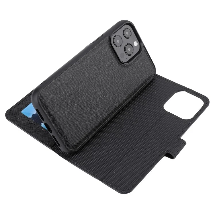 Cross Texture Wallet Stand Design Detachable Leather Phone Case Protector for iPhone 13 Pro 6.1 inch - Black