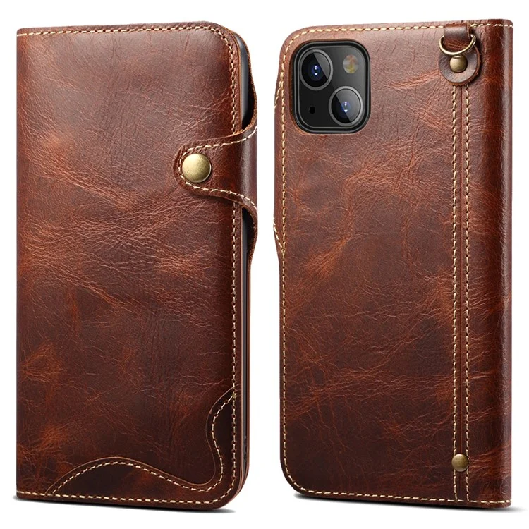 Folio Flip Genuine Leather Wallet Cover Shell with Strap for iPhone 13 6.1 inch - Brown