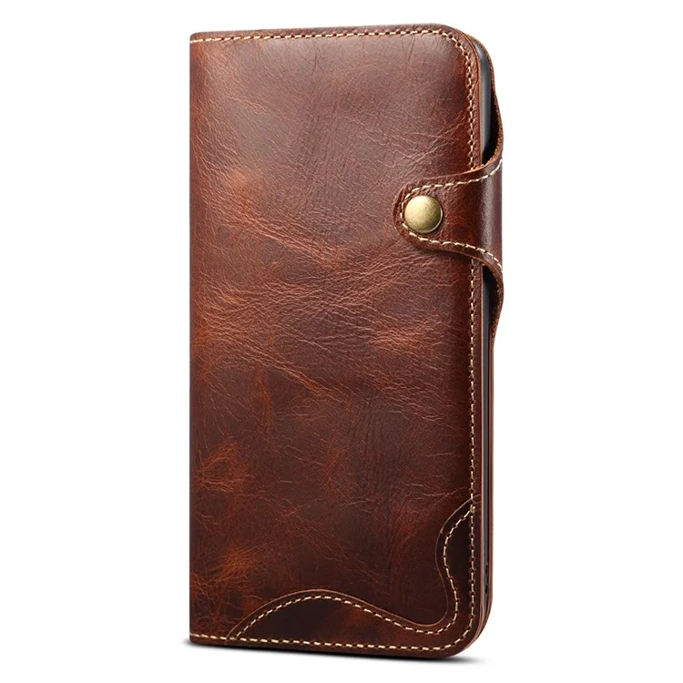 Folio Flip Genuine Leather Wallet Cover Shell with Strap for iPhone 13 6.1 inch - Brown