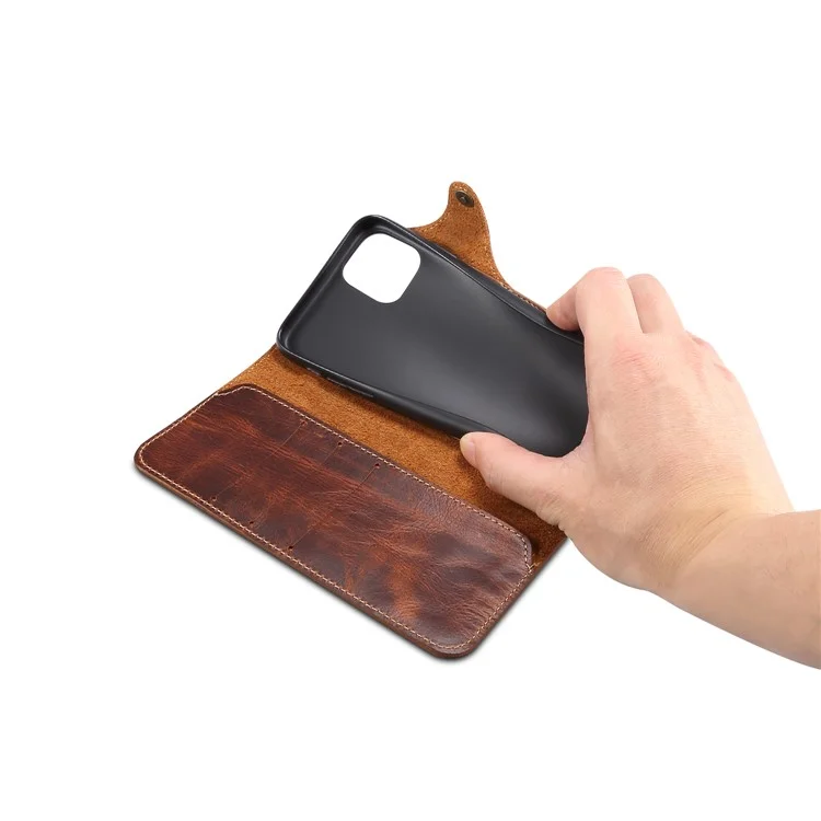 Folio Flip Genuine Leather Wallet Cover Shell with Strap for iPhone 13 6.1 inch - Brown