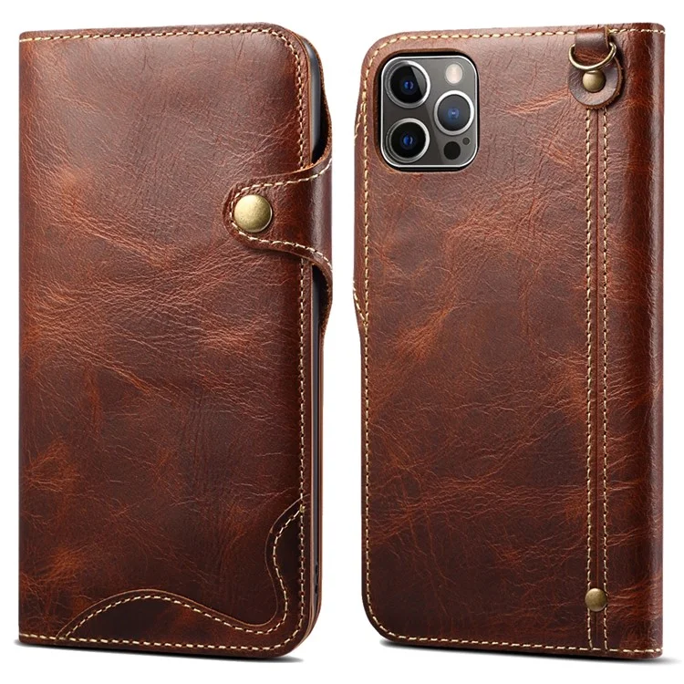 Funda de teléfono con cartera de cuero auténtico y protección completa con cordón para iPhone 13 Pro de 6.1 pulgadas - Marrón