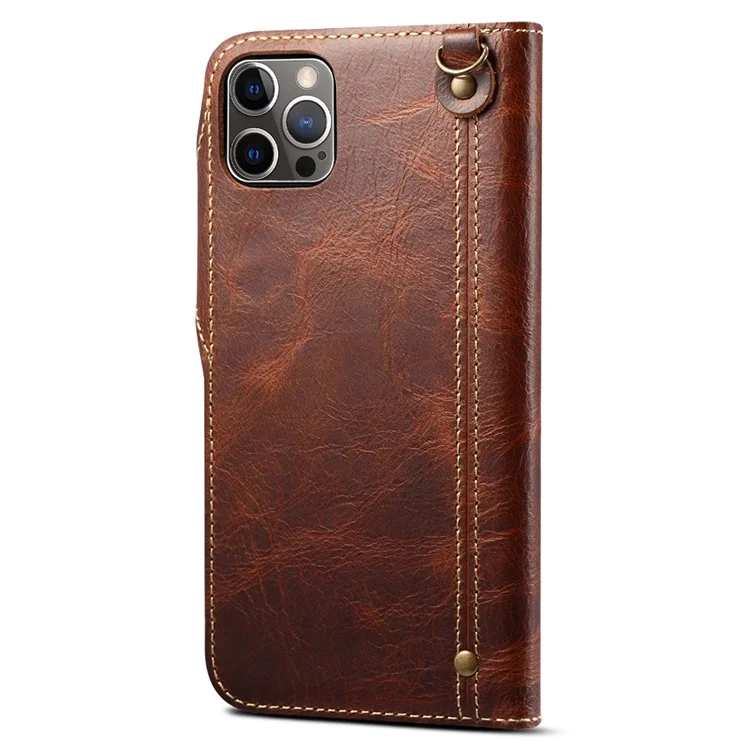 Funda de teléfono con cartera de cuero auténtico y protección completa con cordón para iPhone 13 Pro de 6.1 pulgadas - Marrón