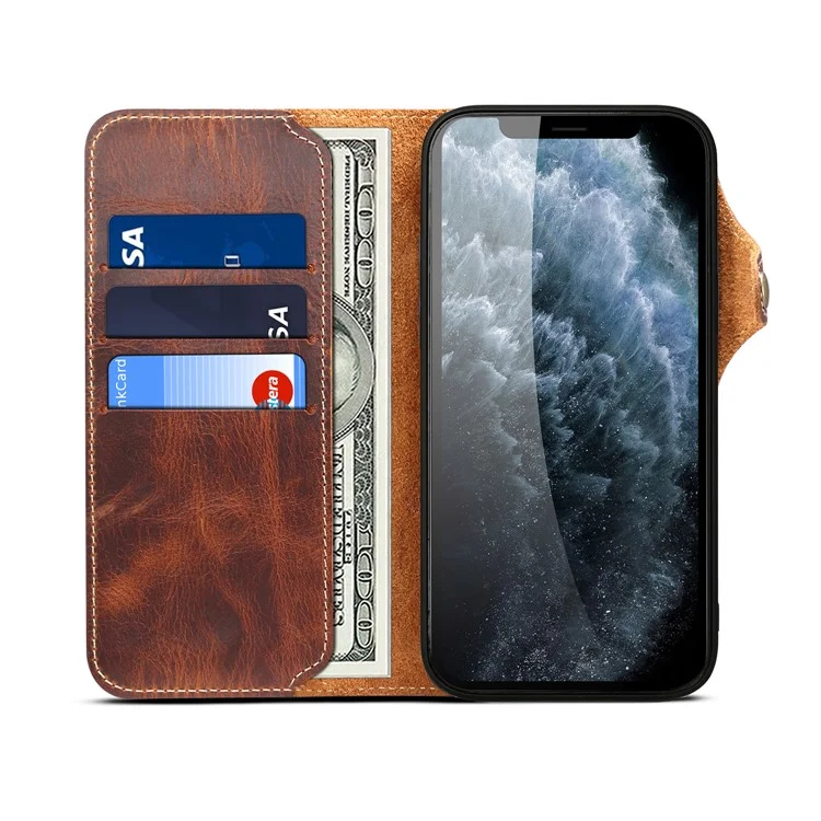 Funda de teléfono con cartera de cuero auténtico y protección completa con cordón para iPhone 13 Pro de 6.1 pulgadas - Marrón