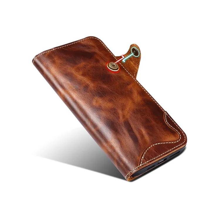 Funda de teléfono con cartera de cuero auténtico y protección completa con cordón para iPhone 13 Pro de 6.1 pulgadas - Marrón