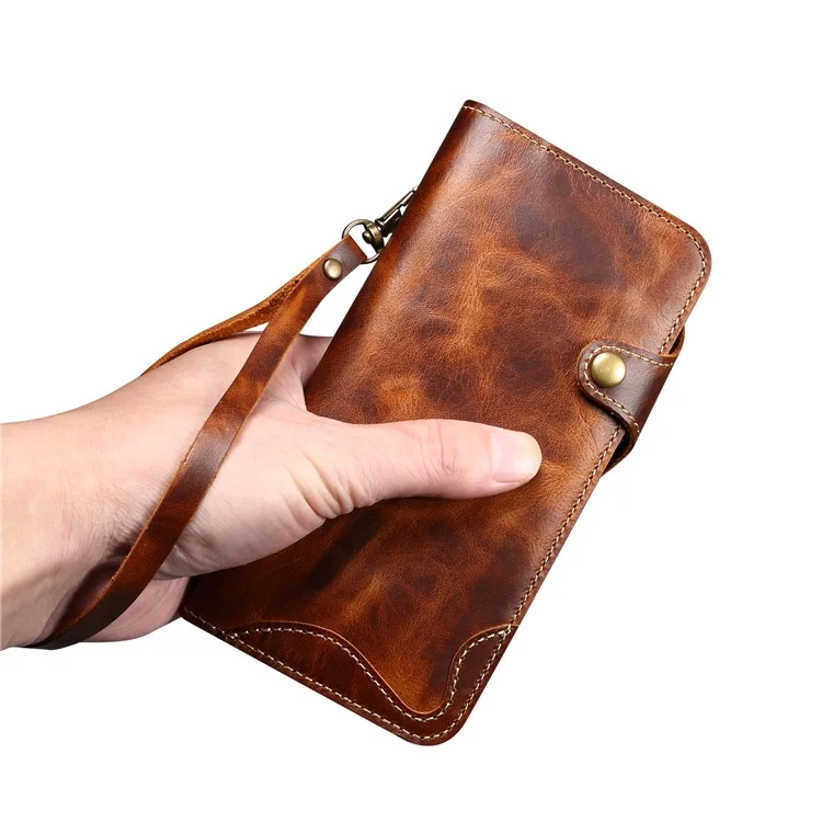 Funda de teléfono con cartera de cuero auténtico y protección completa con cordón para iPhone 13 Pro de 6.1 pulgadas - Marrón