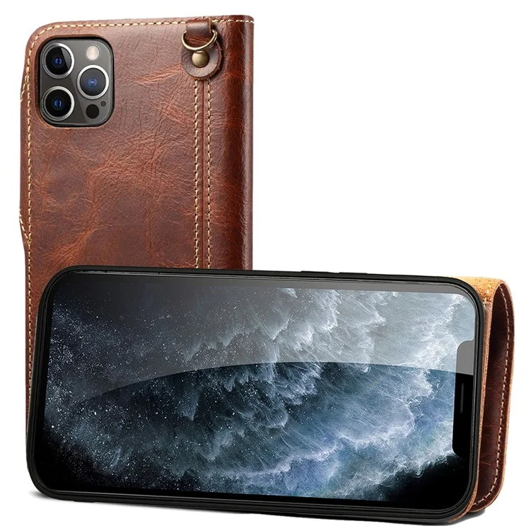 Funda de teléfono con cartera de cuero auténtico y protección completa con cordón para iPhone 13 Pro de 6.1 pulgadas - Marrón