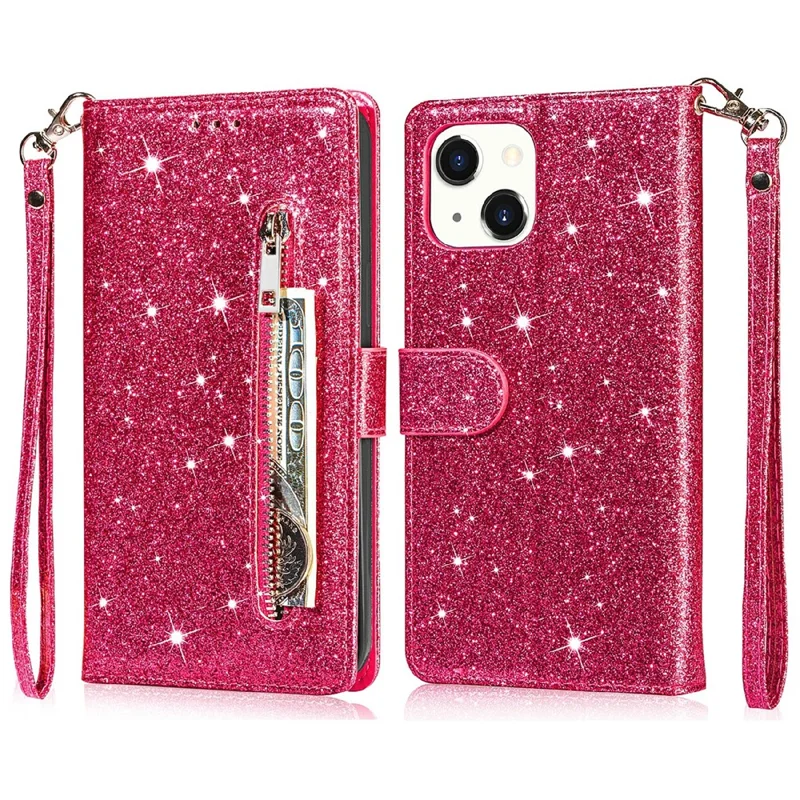 Glitter Sequins Magnetic Clasp Shockproof Stylish Zipper Pocket Wallet Flip Leather Phone Case with Stand for iPhone 13 6.1 inch - Rose