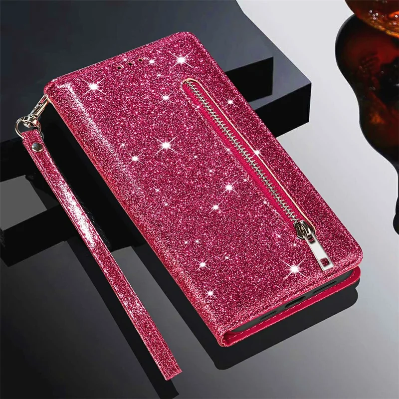 Glitter Sequins Magnetic Clasp Shockproof Stylish Zipper Pocket Wallet Flip Leather Phone Case with Stand for iPhone 13 6.1 inch - Rose