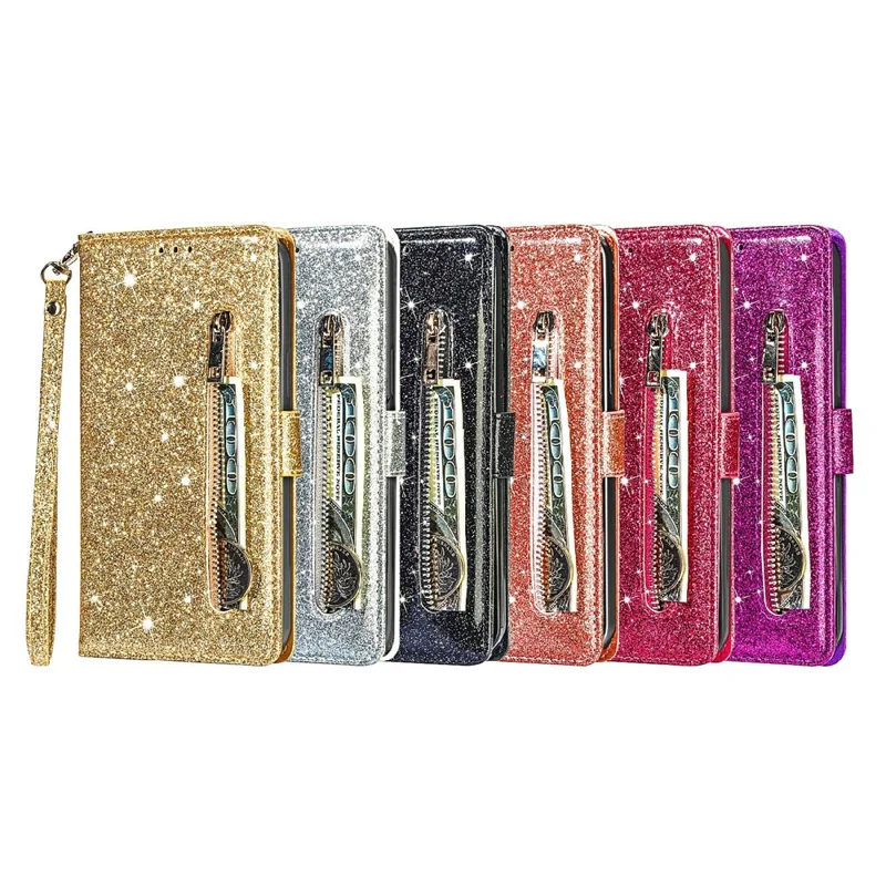 Glitter Sequins Magnetic Clasp Shockproof Stylish Zipper Pocket Wallet Flip Leather Phone Case with Stand for iPhone 13 6.1 inch - Rose