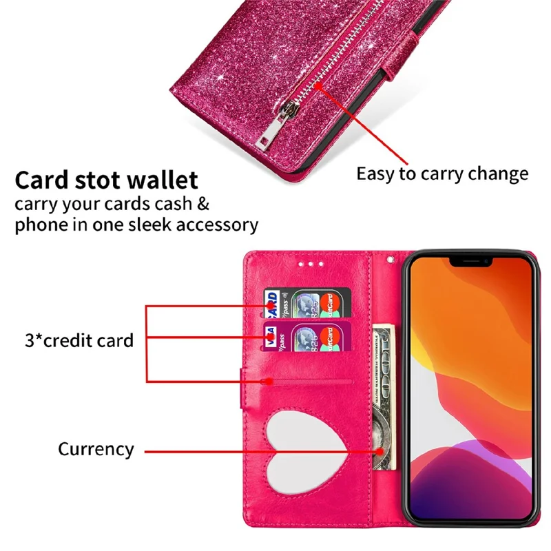 Glitter Sequins Magnetic Clasp Shockproof Stylish Zipper Pocket Wallet Flip Leather Phone Case with Stand for iPhone 13 6.1 inch - Rose