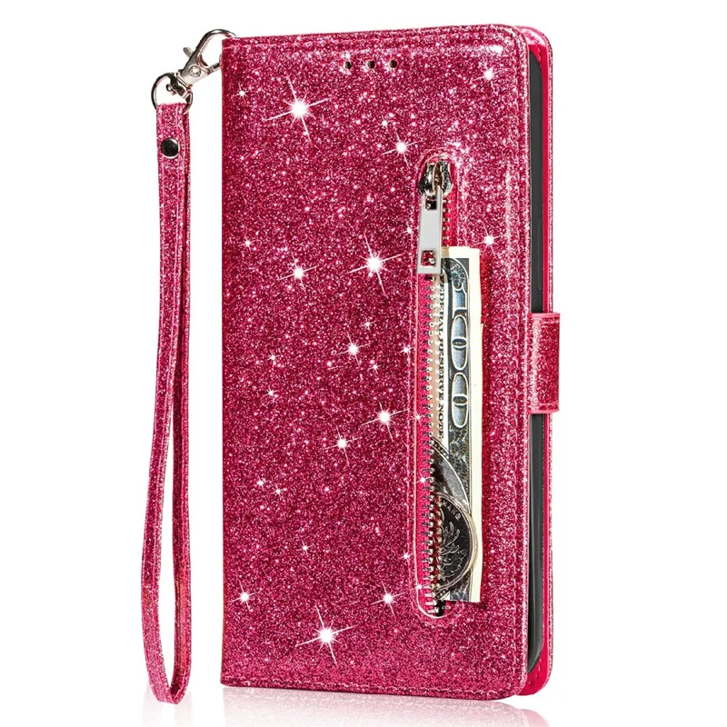 Glitter Sequins Magnetic Clasp Shockproof Stylish Zipper Pocket Wallet Flip Leather Phone Case with Stand for iPhone 13 6.1 inch - Rose