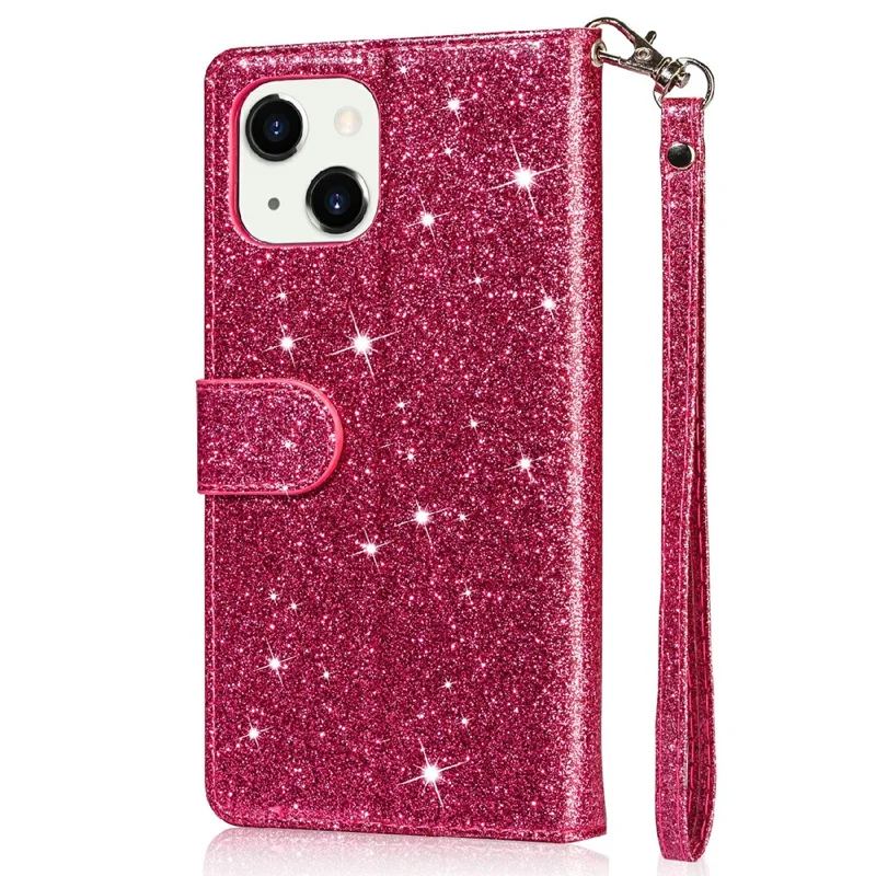 Glitter Sequins Magnetic Clasp Shockproof Stylish Zipper Pocket Wallet Flip Leather Phone Case with Stand for iPhone 13 6.1 inch - Rose