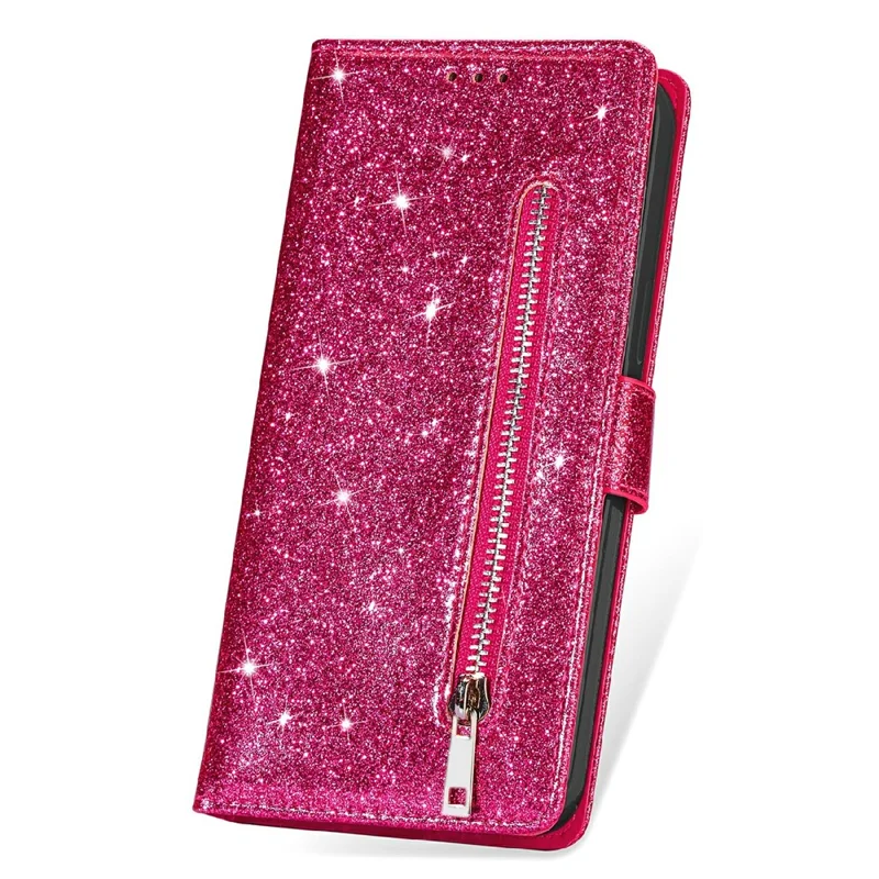Glitter Sequins Magnetic Clasp Shockproof Stylish Zipper Pocket Wallet Flip Leather Phone Case with Stand for iPhone 13 6.1 inch - Rose