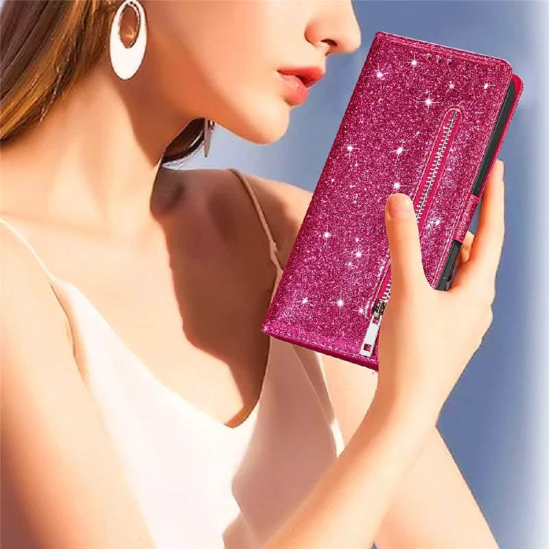 Glitter Sequins Magnetic Clasp Shockproof Stylish Zipper Pocket Wallet Flip Leather Phone Case with Stand for iPhone 13 6.1 inch - Rose