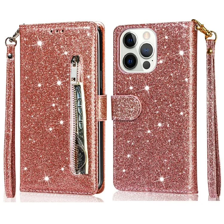 Glitter Sequins Strap Strap Zipper Billet Wallet Flip Cuero Funda Telefónica Con Soporte Para IPhone 13 Pro Max 6.7 Pulgadas - Oro Rosa