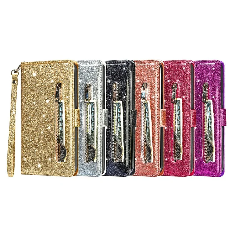 Glitter Sequins Strap Strap Zipper Billet Wallet Flip Cuero Funda Telefónica Con Soporte Para IPhone 13 Pro Max 6.7 Pulgadas - Oro Rosa