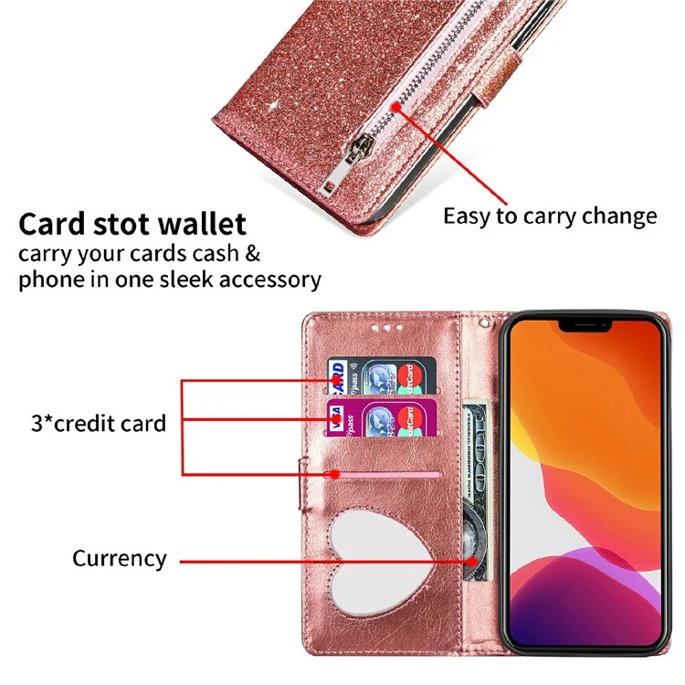 Glitter Sequins Strap Strap Zipper Billet Wallet Flip Cuero Funda Telefónica Con Soporte Para IPhone 13 Pro Max 6.7 Pulgadas - Oro Rosa