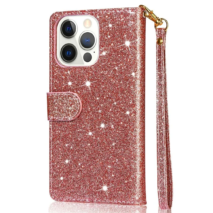 Glitter Sequins Strap Strap Zipper Billet Wallet Flip Cuero Funda Telefónica Con Soporte Para IPhone 13 Pro Max 6.7 Pulgadas - Oro Rosa