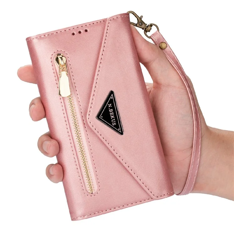 Full Protection Leather Zipper Wallet Design Skin Feeling Phone Case with Stand and Strap for iPhone 13 mini 5.4 inch - Rose Gold