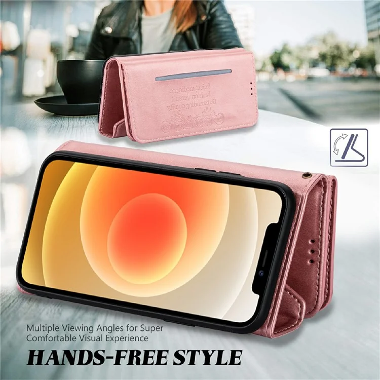 Full Protection Leather Zipper Wallet Design Skin Feeling Phone Case with Stand and Strap for iPhone 13 mini 5.4 inch - Rose Gold