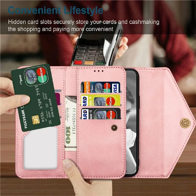 Full Protection Leather Zipper Wallet Design Skin Feeling Phone Case with Stand and Strap for iPhone 13 mini 5.4 inch - Rose Gold