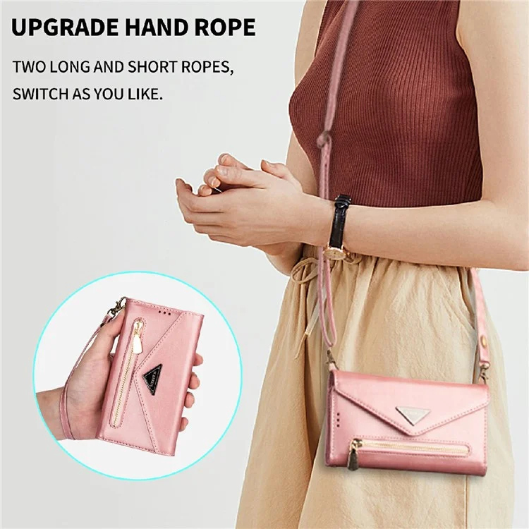 Full Protection Leather Zipper Wallet Design Skin Feeling Phone Case with Stand and Strap for iPhone 13 mini 5.4 inch - Rose Gold