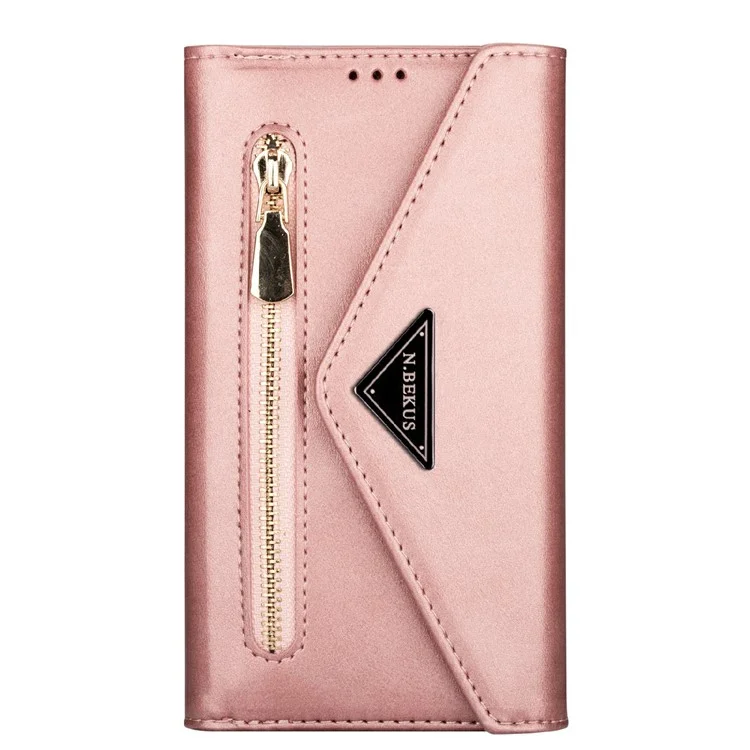 Full Protection Leather Zipper Wallet Design Skin Feeling Phone Case with Stand and Strap for iPhone 13 mini 5.4 inch - Rose Gold