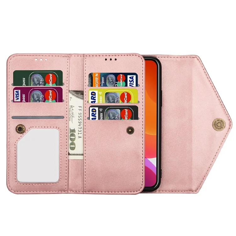 Full Protection Leather Zipper Wallet Design Skin Feeling Phone Case with Stand and Strap for iPhone 13 mini 5.4 inch - Rose Gold