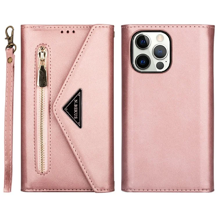 Skin Feeling Stylish Leather Zipper Wallet Stand Phone Case mit zwei Riemen für iPhone 13 Pro Max 6.7 Zoll - Rose Gold