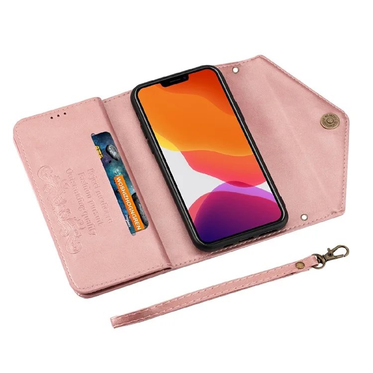 Skin Feeling Stylish Leather Zipper Wallet Stand Phone Case mit zwei Riemen für iPhone 13 Pro Max 6.7 Zoll - Rose Gold