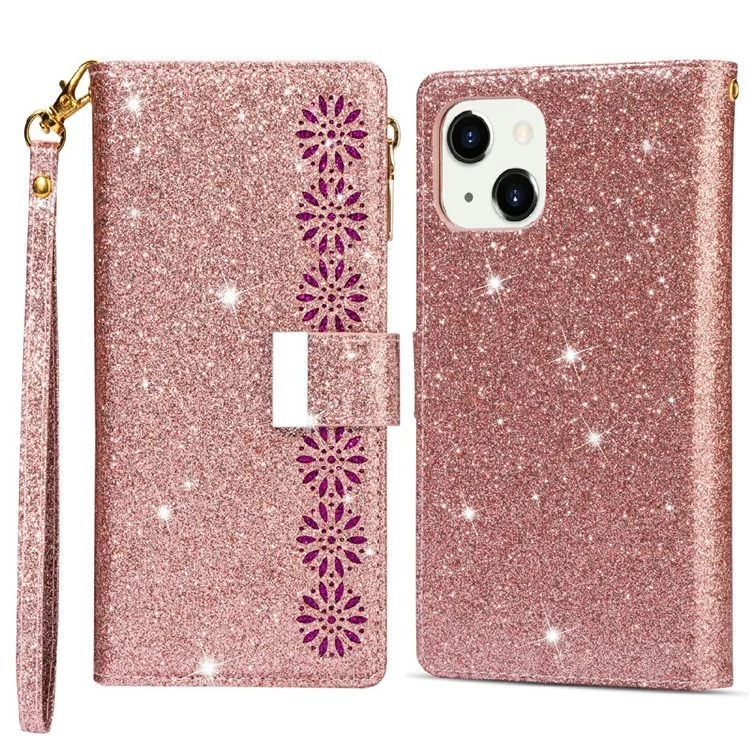 Glittery Starry Style Laser Carving Zipper Wallet Stand Full-Protection Leather Phone Case Cover for iPhone 13 6.1 inch - Rose Gold