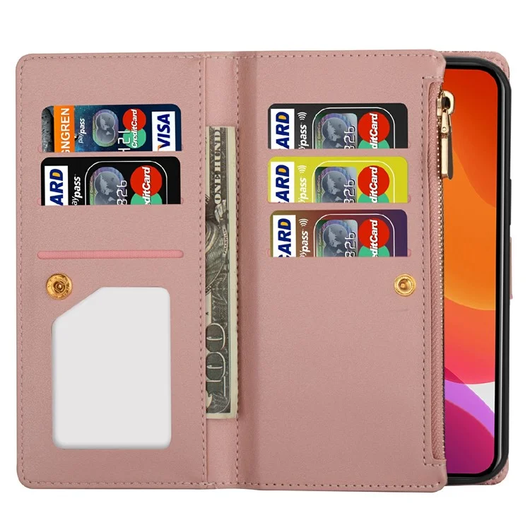 Glittery Starry Style Laser Carving Zipper Wallet Stand Full-Protection Leather Phone Case Cover for iPhone 13 6.1 inch - Rose Gold