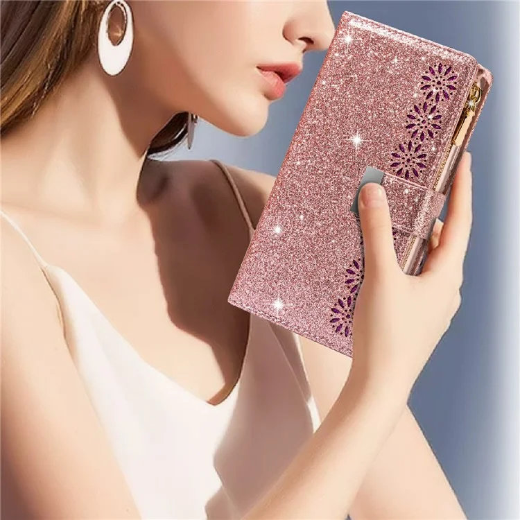 Glittery Starry Style Laser Carving Zipper Wallet Stand Full-Protection Leather Phone Case Cover for iPhone 13 6.1 inch - Rose Gold