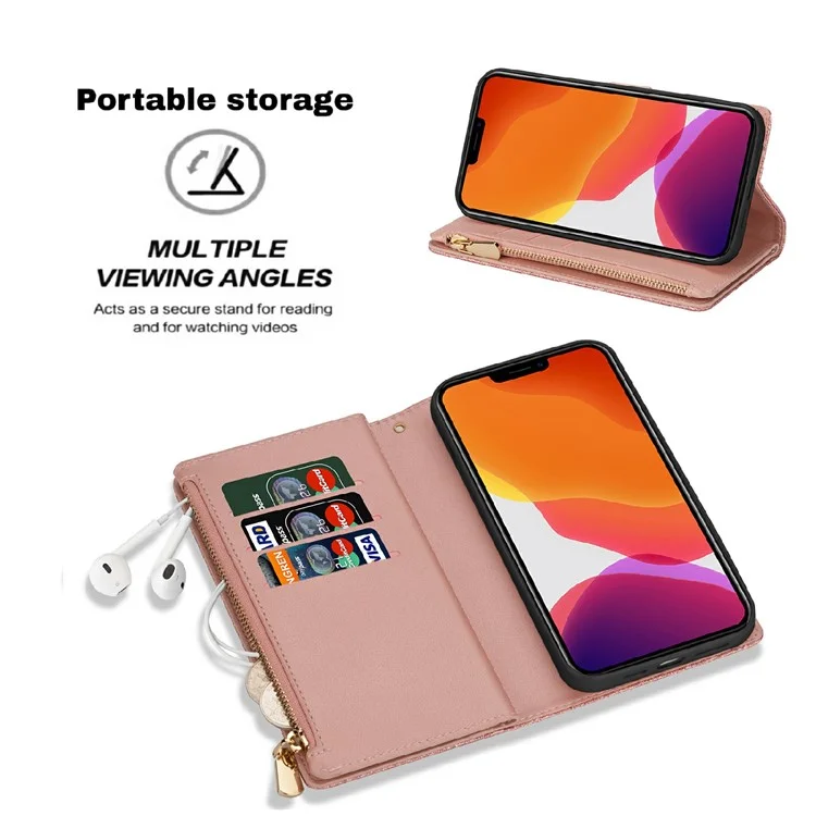 Glittery Starry Style Laser Carving Zipper Wallet Stand Full-Protection Leather Phone Case Cover for iPhone 13 6.1 inch - Rose Gold