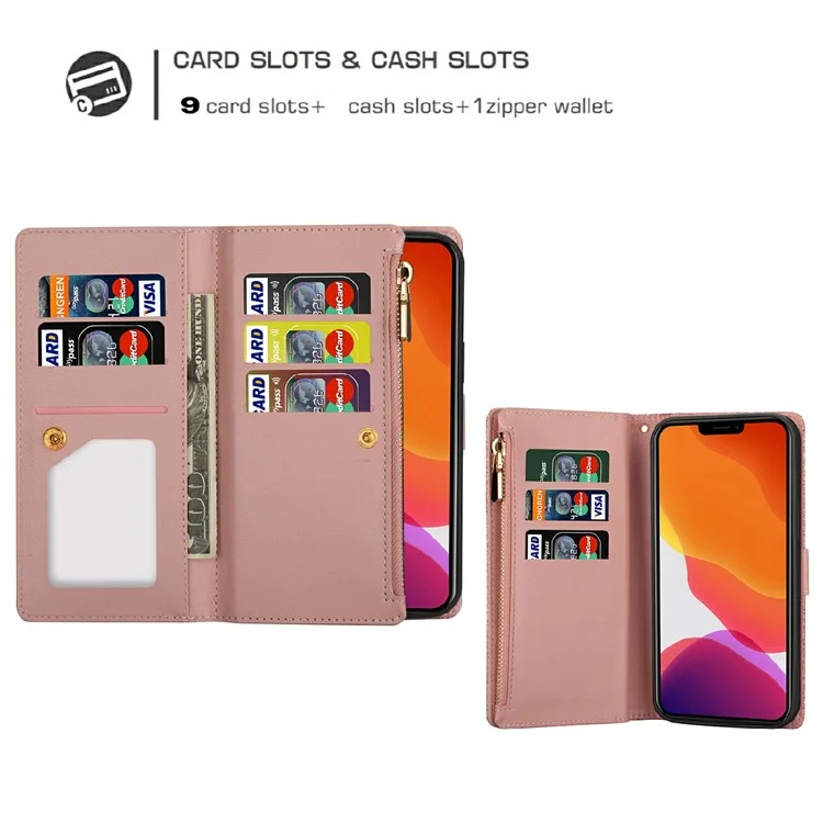 Glittery Starry Style Laser Carving Zipper Wallet Stand Full-Protection Leather Phone Case Cover for iPhone 13 6.1 inch - Rose Gold