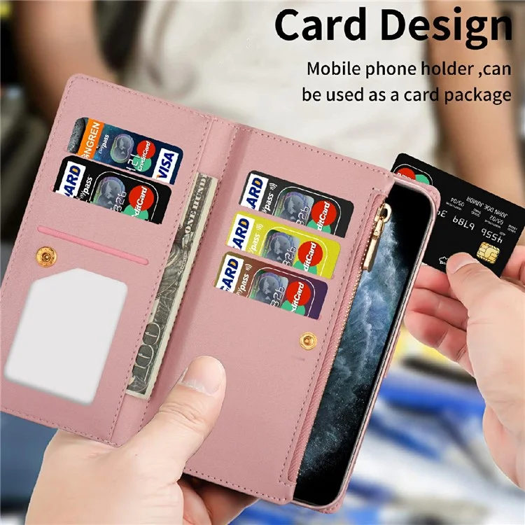 Glittery Starry Style Laser Carving Zipper Wallet Stand Full-Protection Leather Phone Case Cover for iPhone 13 6.1 inch - Rose Gold