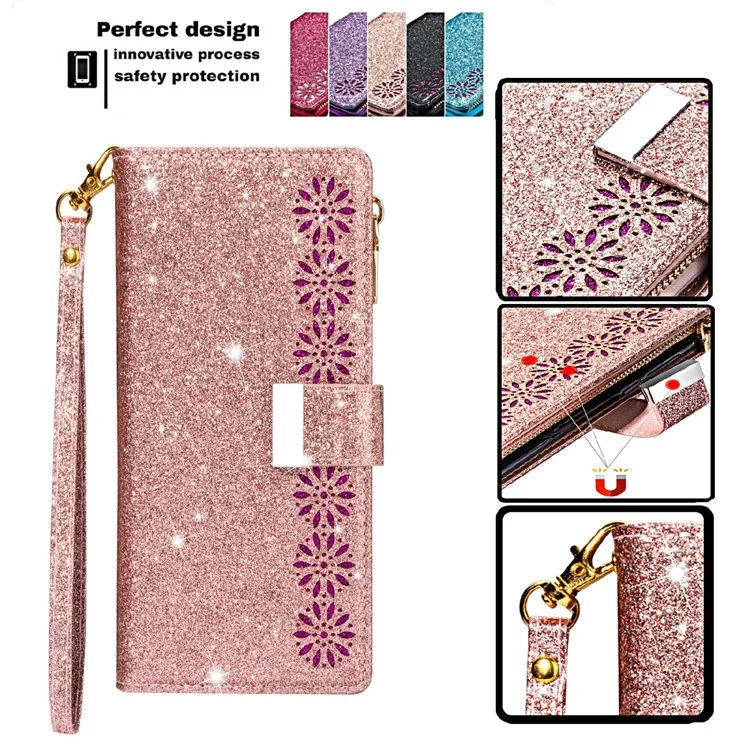 Glittery Starry Style Laser Carving Zipper Wallet Stand Full-Protection Leather Phone Case Cover for iPhone 13 6.1 inch - Rose Gold