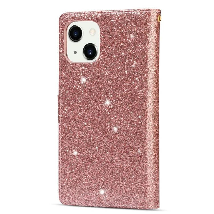 Glittery Starry Style Laser Carving Zipper Wallet Stand Full-Protection Leather Phone Case Cover for iPhone 13 6.1 inch - Rose Gold