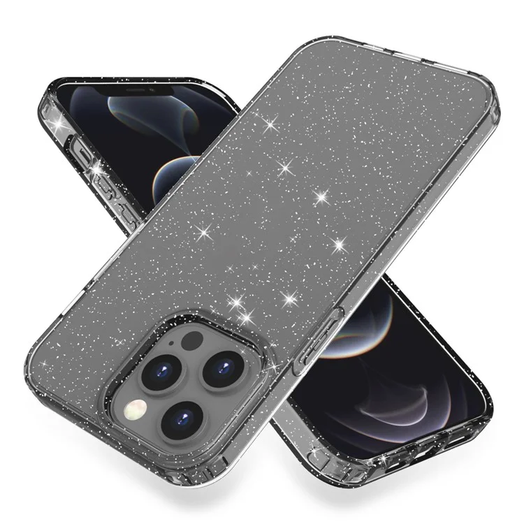 GW18 Shiny Glitter Sparkle Powder Clear TPU Soft Phone Case para iPhone 13 Pro Max 6.7 pulgadas - Negro Transparente
