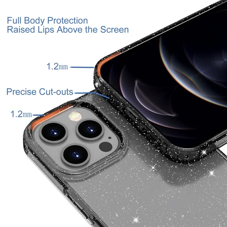 GW18 Shiny Glitter Sparkle Powder Clear TPU Soft Phone Case para iPhone 13 Pro Max 6.7 pulgadas - Negro Transparente