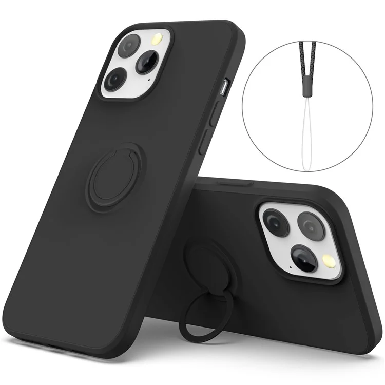 Adjustable Kickstand Design Eco-Friendly Liquid Silicone Easy-Clean Phone Protective Case Shell with Handy Strap for iPhone 13 Pro 6.1 inch - Black