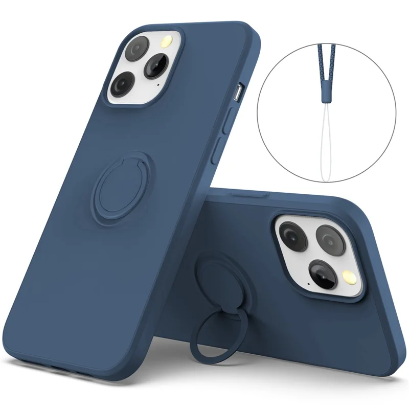 Adjustable Ring Kickstand Design Shock-Proof Soft Eco-Friendly Liquid Silicone Phone Protective Case Shell with Handy Strap for iPhone 13 Pro Max 6.7 inch - Midnight Blue