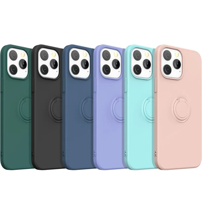 Adjustable Ring Kickstand Design Shock-Proof Soft Eco-Friendly Liquid Silicone Phone Protective Case Shell with Handy Strap for iPhone 13 Pro Max 6.7 inch - Midnight Blue