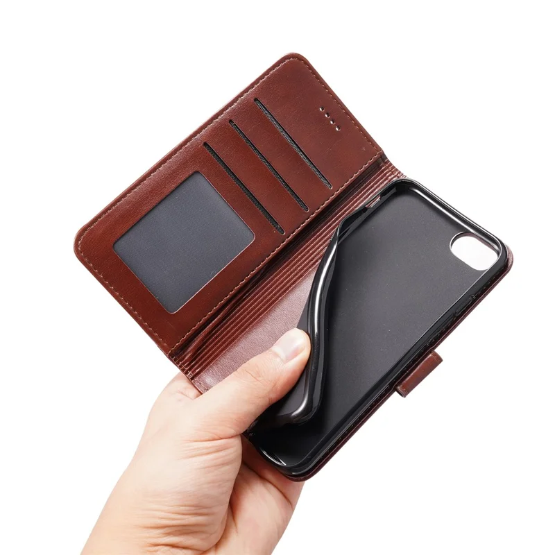 Splicing PU Leather Phone Case Stand Wallet Cover Protector for iPhone 6/SE (2022)/SE (2020)/8/7 - Brown